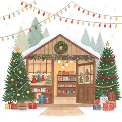 Watercolor Christmas gifts box, presets, ribbons and balls decor