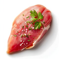 Fresh meat slice garnished with herbs, uncooked premium quality steak showcasing vibrant colors, perfect for culinary presentations.