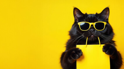 Black cat wearing yellow sunglasses holding shopping bag on a bright yellow background. Black Friday shopping and retail concept. Design for banner, poster, header with copy space