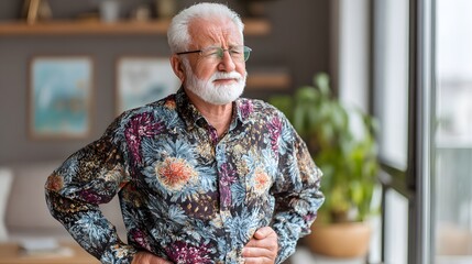 Elderly man in colorful shirt, senior with glasses standing confidently in bright modern living space, showcasing personality and warmth.