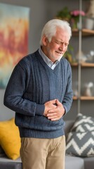 Senior man smiling and laughing, elderly gentleman in cozy sweater enjoying joyful moments in a bright, inviting living room.