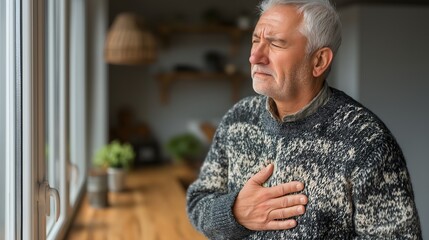 Mindful elder in cozy sweater reflecting by window, elderly man surrounded by warm decor and plants, inviting atmosphere for contemplation.