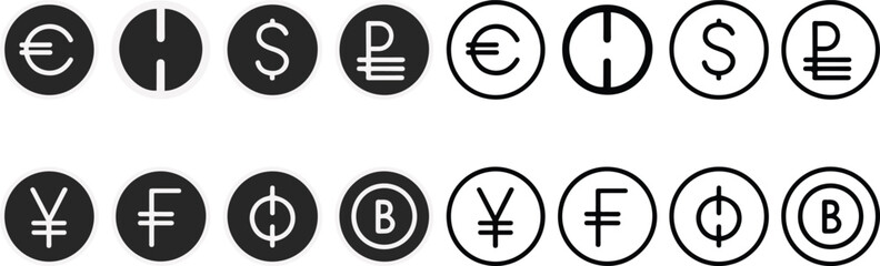 Currency Symbols Icons Set - Global Finance and Economy and outline vector.