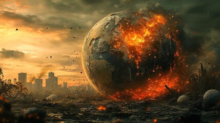 Dramatic Apocalypse Earth Destruction Concept with Burning City Skyline Illustration
