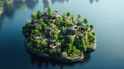 Conceptual Minimalist Island Architecture with Lush Greenery and Tranquil Water