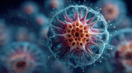 A close-up view of a virus captured in a laboratory environment, showcasing its complex structure with detailed spikes and surface textures illuminated by scientific lighting.