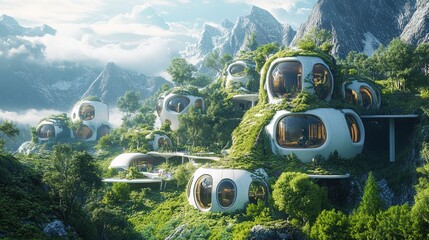 Futuristic Organic Architecture Nestled Among Greenery and Mountains Landscape Scenery