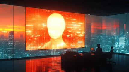 Futuristic Interior Office with Holographic Display and Cityscape at Sunset