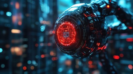 Futuristic Detailed Machine Eye with Red Light in Cityscape Illustration