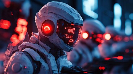 Futuristic Realistic Cyberpunk Soldier with Helmet in a Dystopian Cityscape Illustration