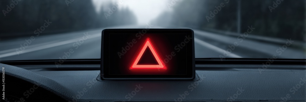 Poster Red Warning Triangle Displayed on Digital Dashboard Indicating Potential Vehicle Issue While Driving on a Rural Road During Early Evening