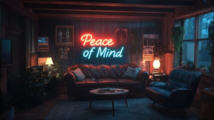 Moody Interior Living Room with Neon Sign Peace of Mind Illustration