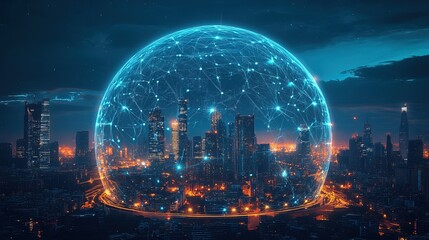 Futuristic Glowing Globe Over Cityscape at Night, Network Connection Concept