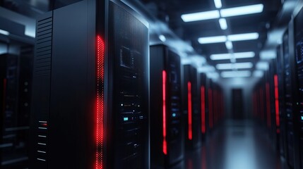 Modern Data Center Server Room with Rows of Black Servers