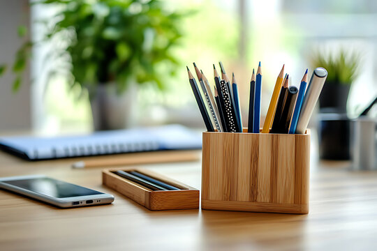 Office desk arrangement featuring pencils pens phone notepad and green plants for productivity