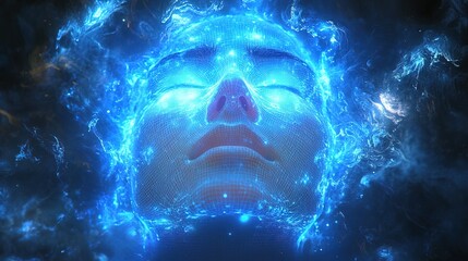 Ethereal Digital Glowing Human Face with Energy Fields Art Illustration