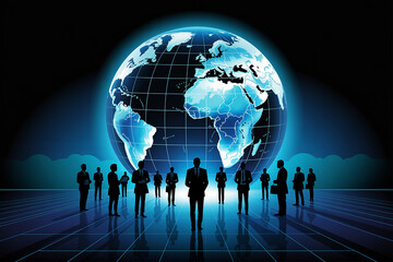 Global Business Network Silhouettes of Businesspeople Standing Before a Glowing Earth
