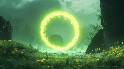 Mystical Green Landscape with Glowing Ring Portal Generative AI Scenery