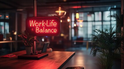 Modern Workplace Illuminated Neon Sign Work Life Balance Concept in Office