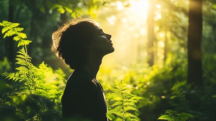 Silhouette Serene Young Adult Man in Forest Sunlight Scenery Image
