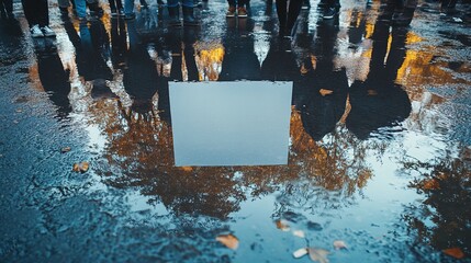 Reflective Autumnal Urban Scene Featuring Puddle and Blank Sign with Crowd