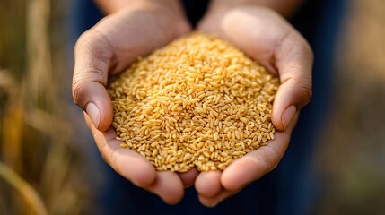 Close-Up Macro Shot of Rice Grain Held in Human Hand with Blur Background