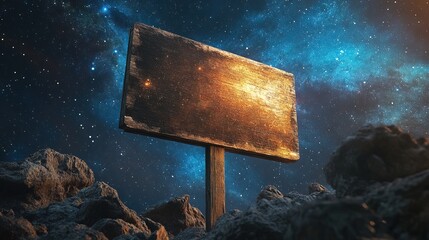 Dramatic Rustic Wooden Signage Blank Message Board on Rocky Terrain Night