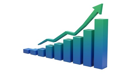 Rising Green Arrow on Gradient Blue Bar Graph Illustrating Upward Growth
