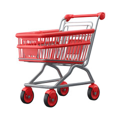 A red shopping cart with a silver frame and red wheels isolated on a black background in a studio shot