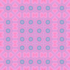 Delicate pink and blue floral kaleidoscope with geometric accents seamless pattern