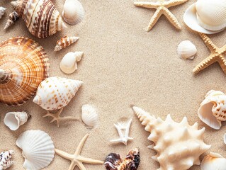 Decorative Arrangement of Seashells and Starfish on Sandy Beach
