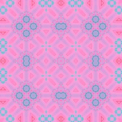 Floral and geometric shapes in pink and turquoise create a symmetrical design seamless pattern