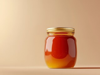 Glass jar filled with golden honey on a soft brown background