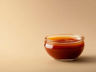 Rich Caramel Sauce in Glass Bowl on Soft Neutral Background