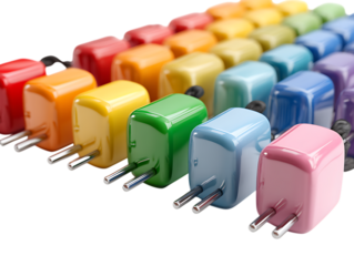 Bright power plugs neatly laid on white surface