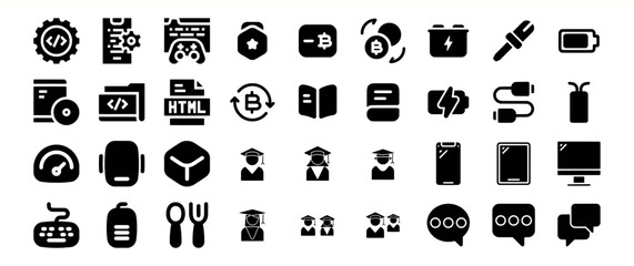 A diverse collection of glyph icons depicting various concepts related to technology, education, and finance.