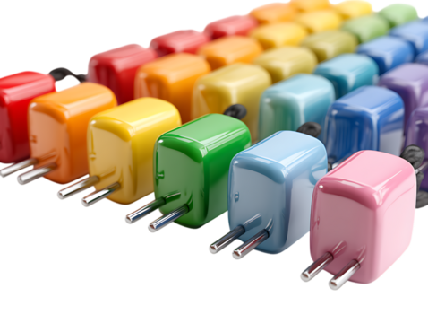 Bright power plugs neatly laid on white surface