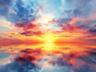 Obraz premium Vibrant Sunset Over Calm Ocean Waters with Colorful Sky Reflections