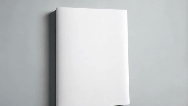 Static shot featuring a blank, vertical, white softcover book against a plain gray background, ready for text or graphics