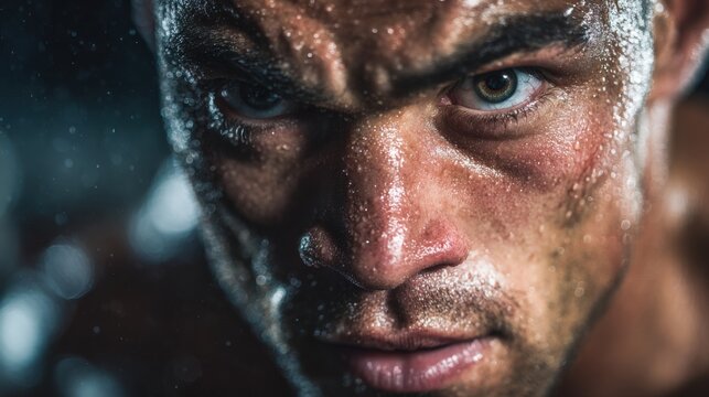 A focused athlete displays a fierce expression while exerting maximum effort, sweat glistening on his skin in a dimly lit gym environment. The atmosphere conveys determination and discipline.