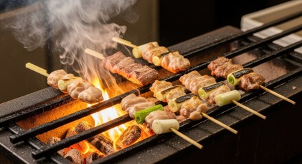 Grilled japanese yakitori skewers over open flame barbecue