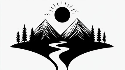 Silhouette of mountains, trees, and a winding river.