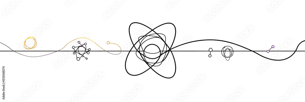 Poster continuous one line drawing of atom with orbiting electrons and surrounding molecular structures abs