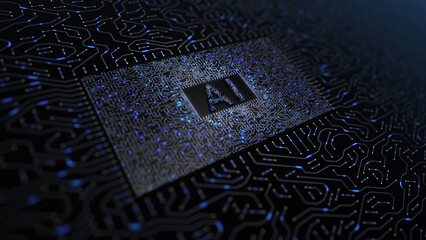 Futuristic digital tech circuit with AI motherboard chip illustration.