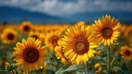 Fototapeta premium A field filled with bright, yellow sunflowers captures the warmth of a sunny afternoon. Tall green stems support their cheerful blooms facing the sky, creating a lively atmosphere.