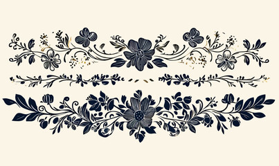 Vintage floral dividers decorative ornate flower borders with leaves and swirling vines in black and gold vector design for invitations and decoration