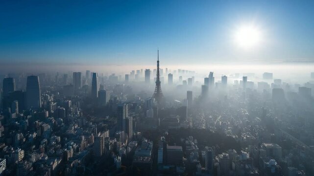 High angle view of a cityscape shrouded in morning mist, with a tall tower silhouetted against a bright sun and clear blue sky. Buildings are dark against the light, creating a moody atmosphere.