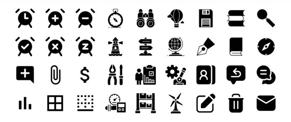 A diverse collection of glyph icons depicting various concepts and objects.