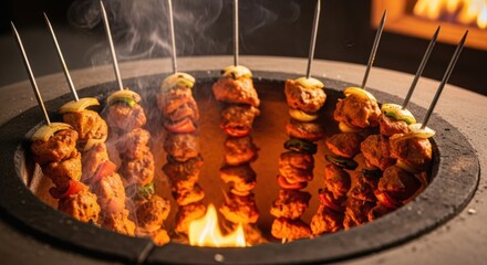 Succulent tandoori chicken skewers with vegetables in traditional clay oven
