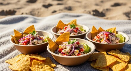 Fresh mexican ceviche bowls with tortilla chips on beach blanket in sunlit setting